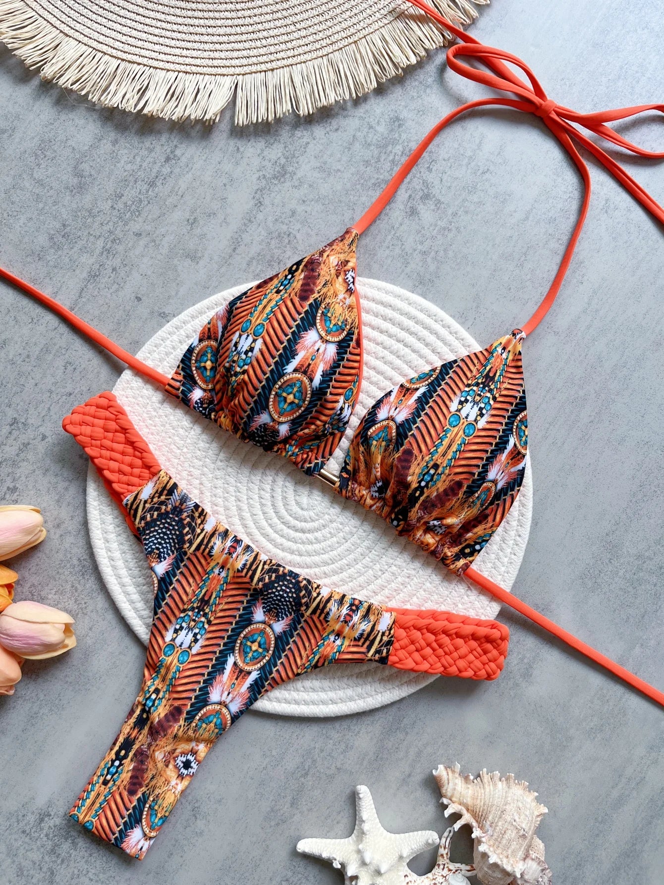 Sexy Print Halter Top & Braided Side Women's Bikini Swimsuit